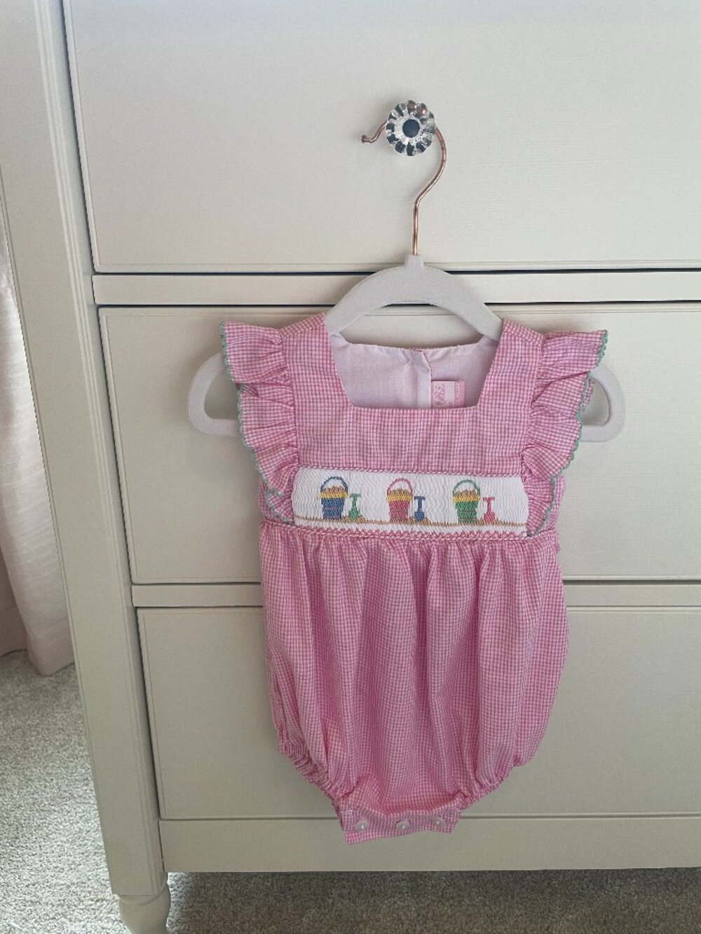 Petit Bebe Baby Girl Beach Smocked Sand Pails Flutter Sleeve Pink Bubble 9M
